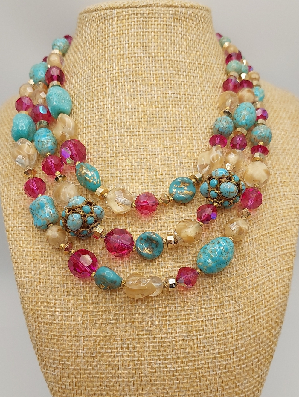 HATTIE CARNEGIE 3-Strand Vtg Blue Ceramic, AB Fuchsia Glass Choker Necklace MCM